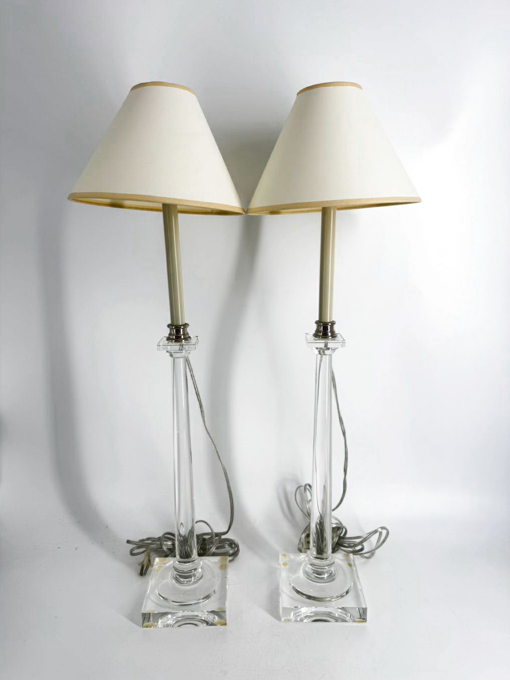Clear Acrylic Pair Of Tall Candlestick Lamps w/ Shades
