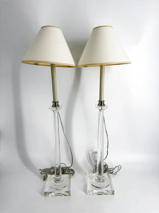 Clear Acrylic Pair Of Tall Candlestick Lamps w/ Shades