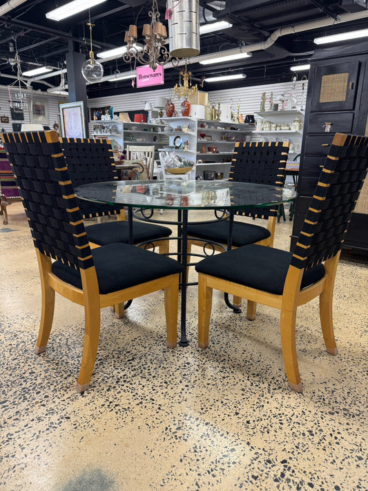 Black Wrought Iron Round Glass-Top Table w/ Set of 4 Wood Upholstered Woven Back Chairs
