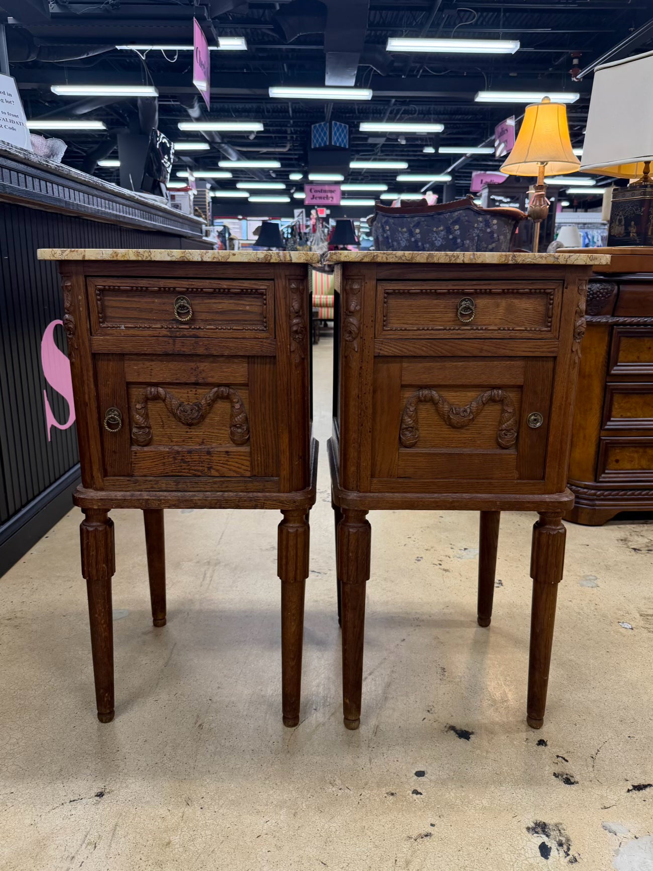 Light Oak Pair of End Tables w/ Stone Top