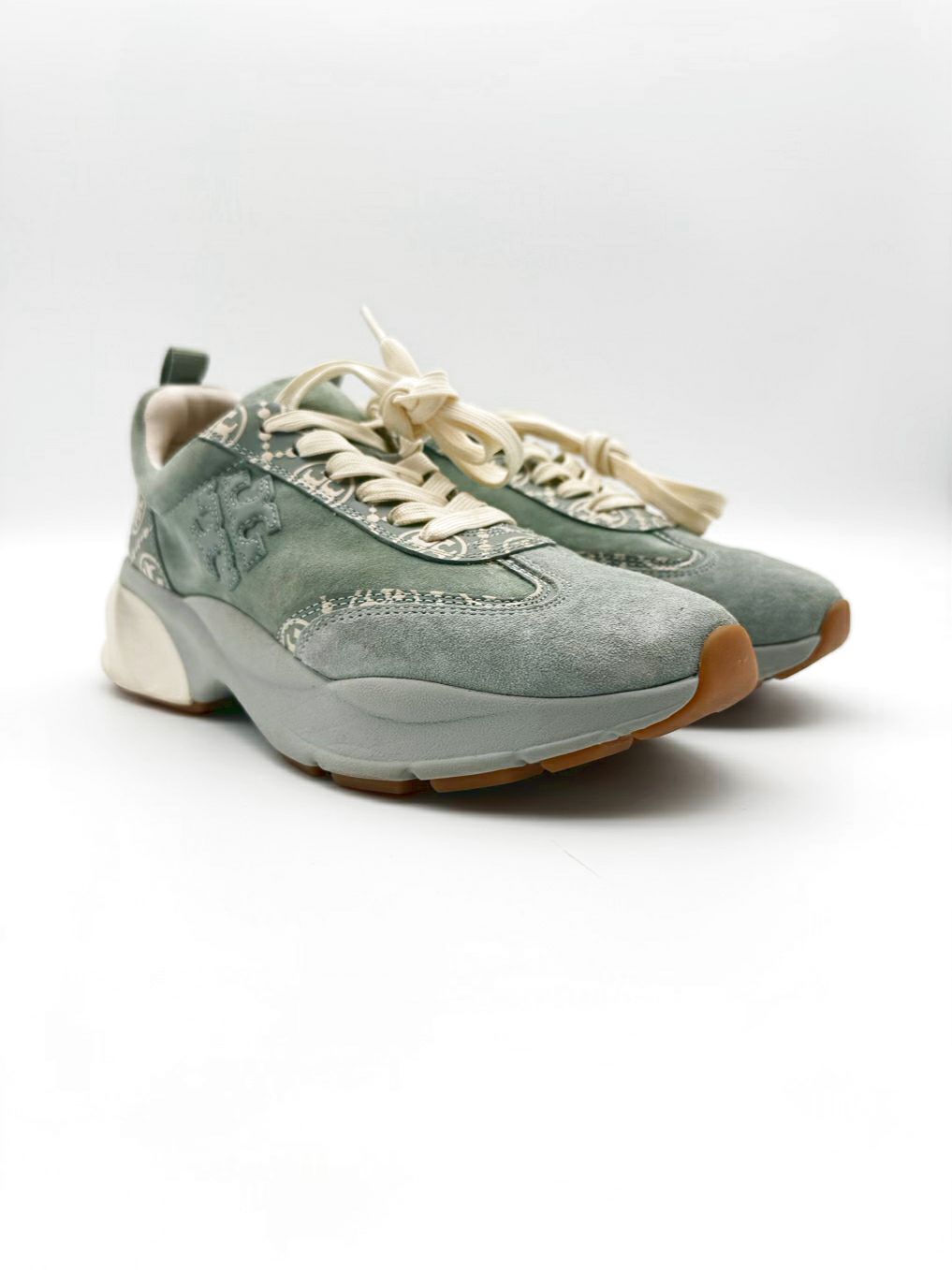 TORY BURCH WMNS Size 8.5 Teal & White Leather Monogram Sneakers