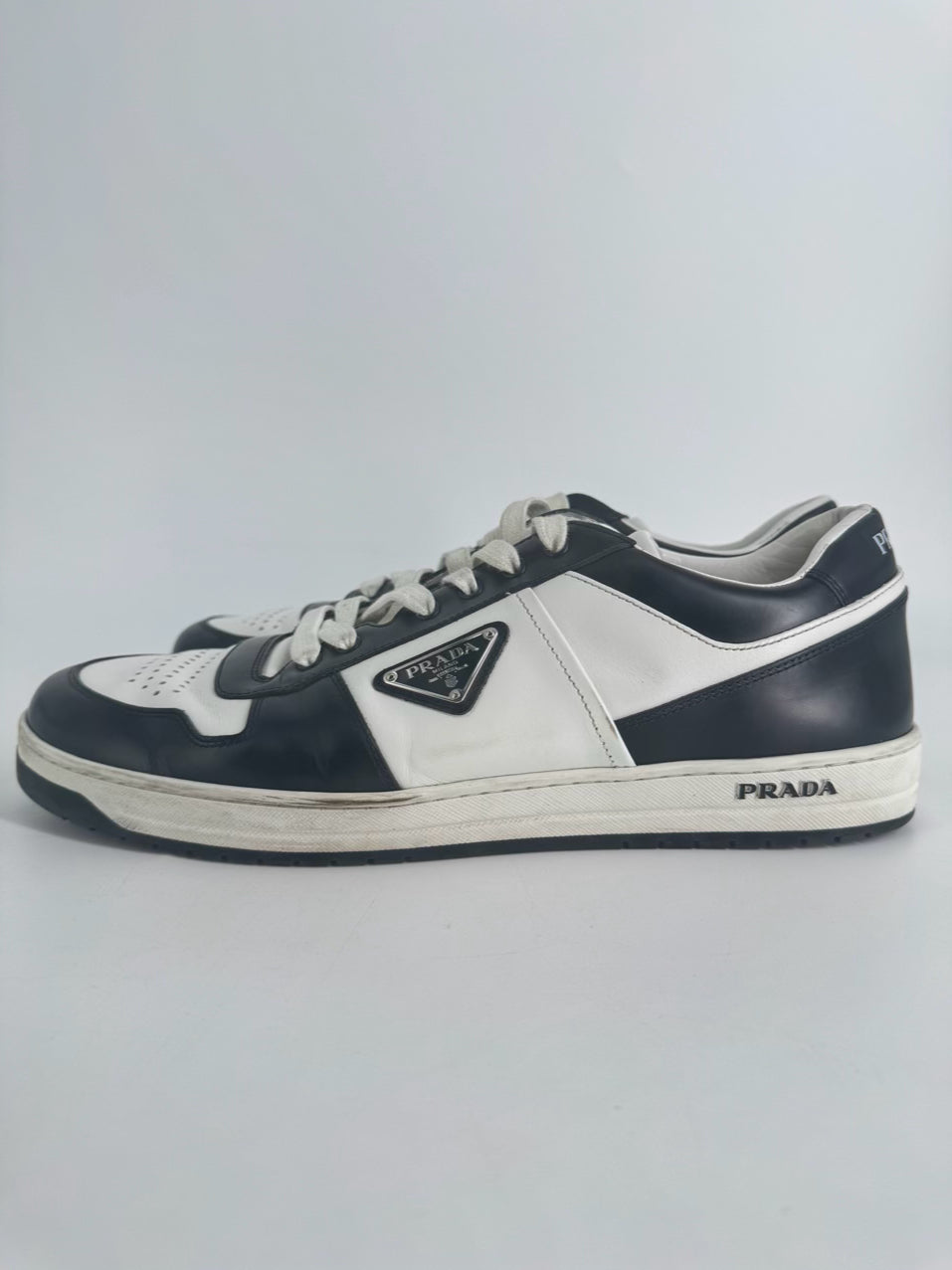 PRADA Size 11 Black & White Leather Downtown Sneakers