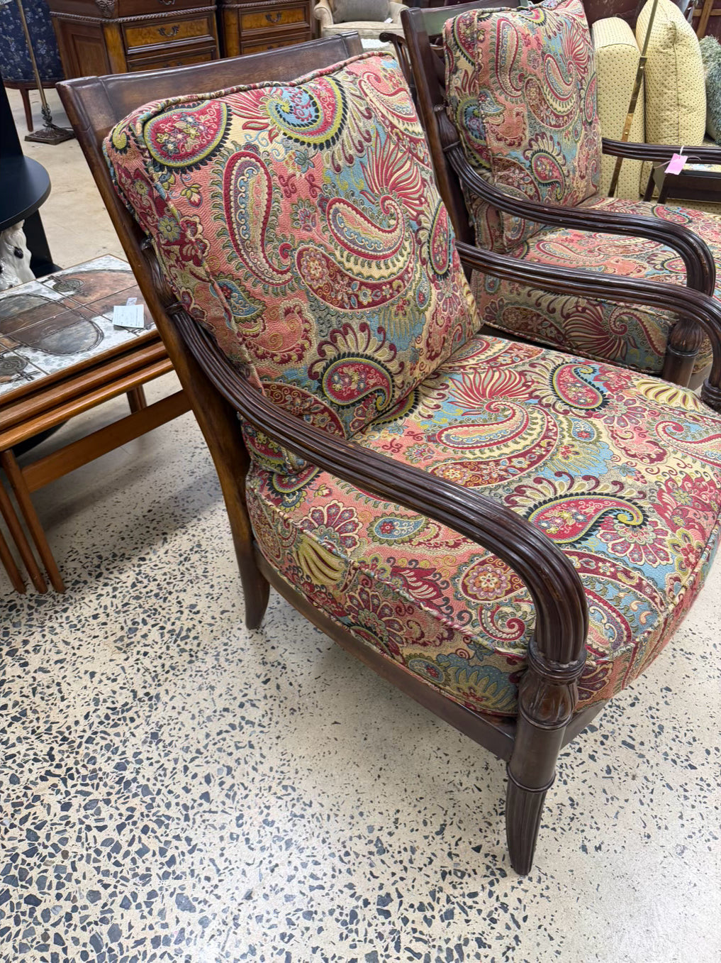 Wood Neo Classical Paisley Print Pair Of Chairs
