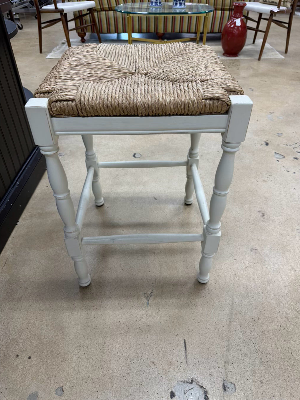 BALLARD DESIGN Cream Wood Pair Of Bar Stools w/ Rush Seats