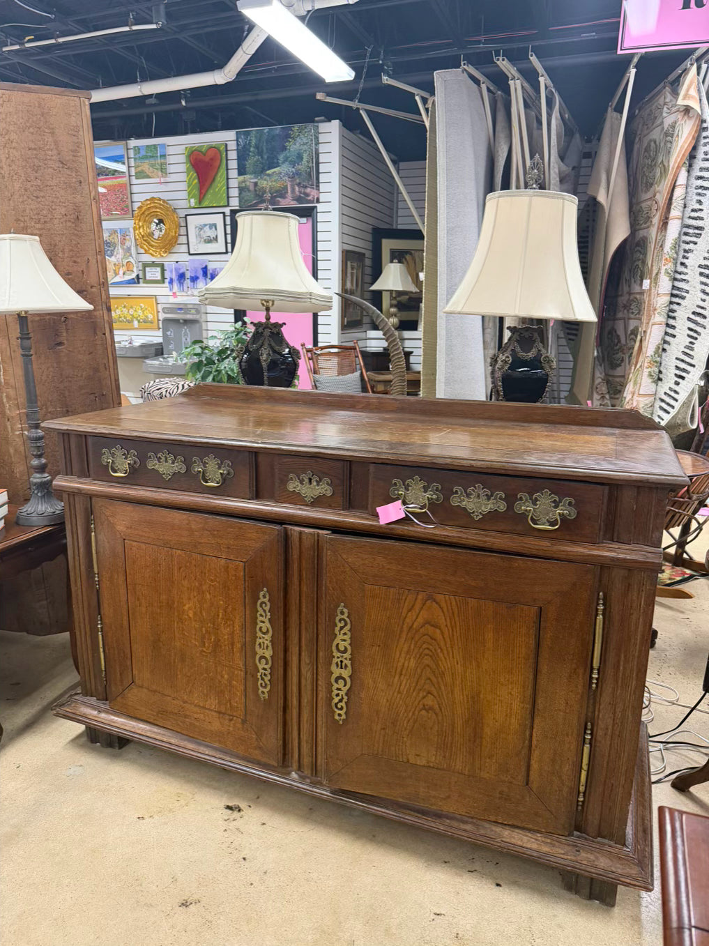 ANTIQUE Medium Dark Oak French Side Board w/ Large Brass Trim