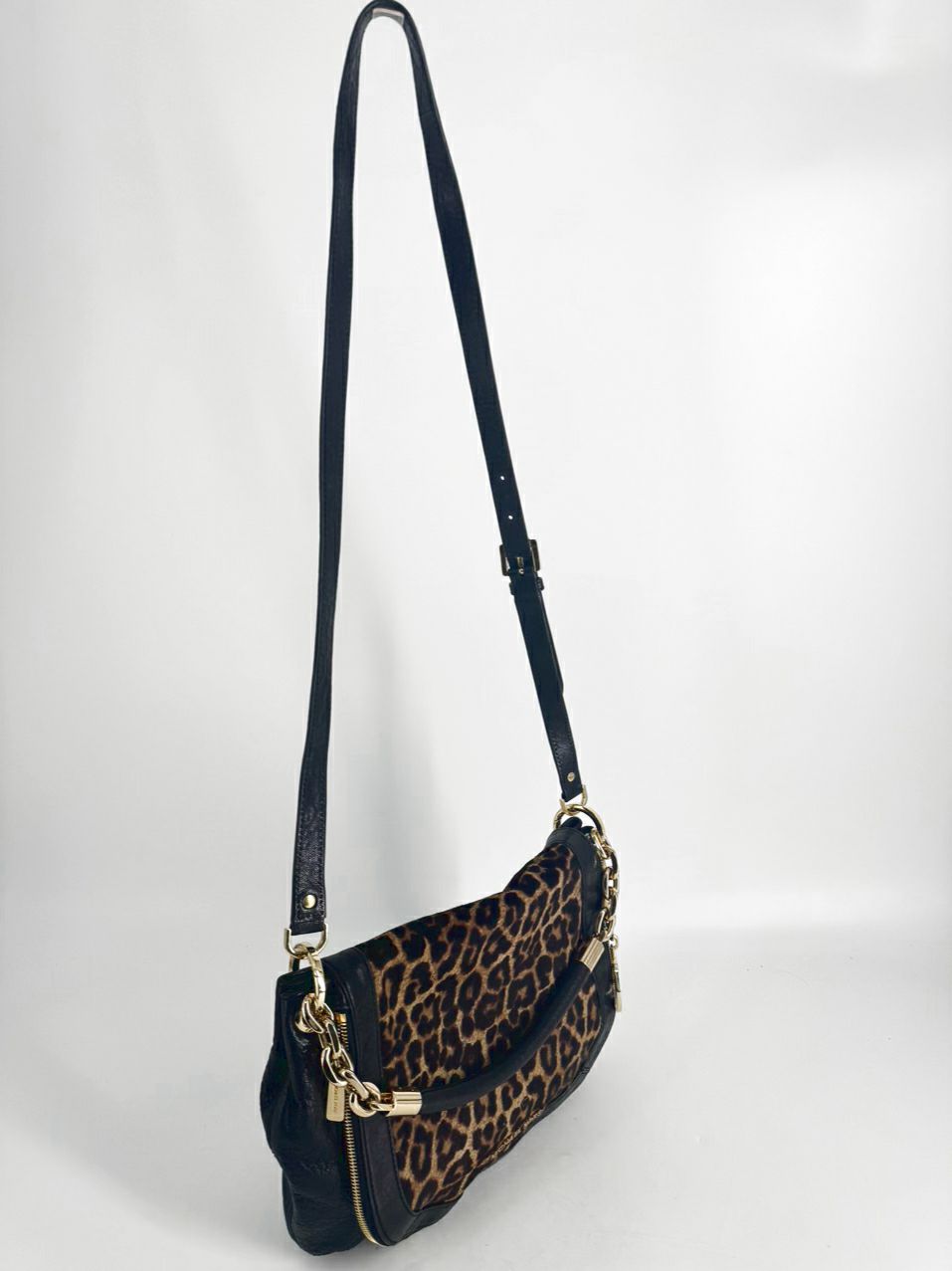 MICHAEL KORS Black Leather & Leopard Print Calf Hair Trim Stanthorpe Satchel