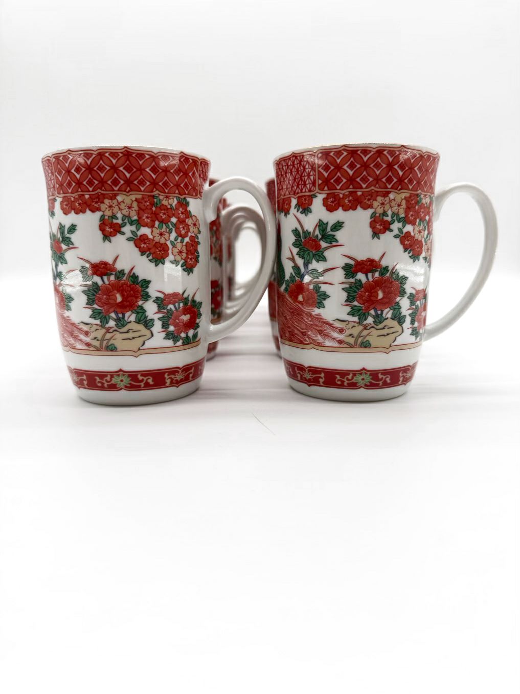GUMPS Rust, White & Green Porcelain Set Of 12 Peacock Mugs