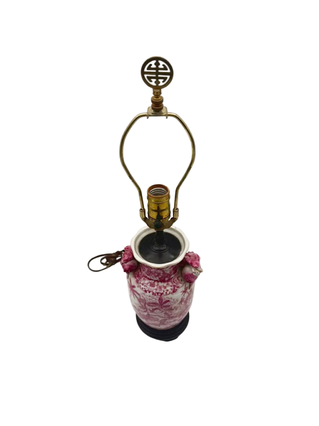 Pink & White Chinoiserie Porcelain Jar Lamp On Brown Wooden Base