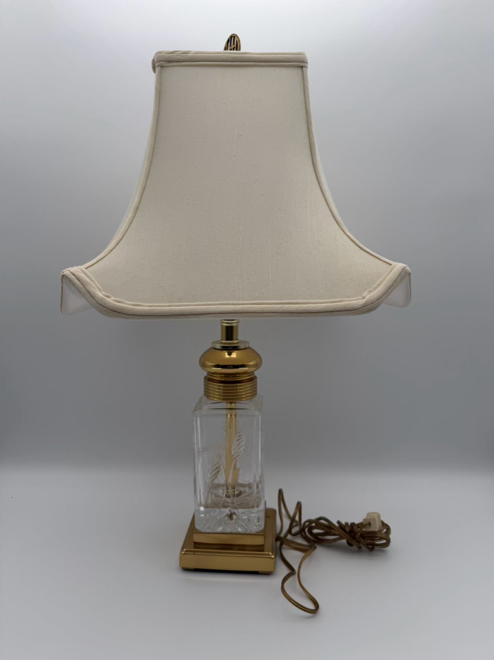 Square Clear Crystal & Brass Lamp w/ Ivory Silk Shade
