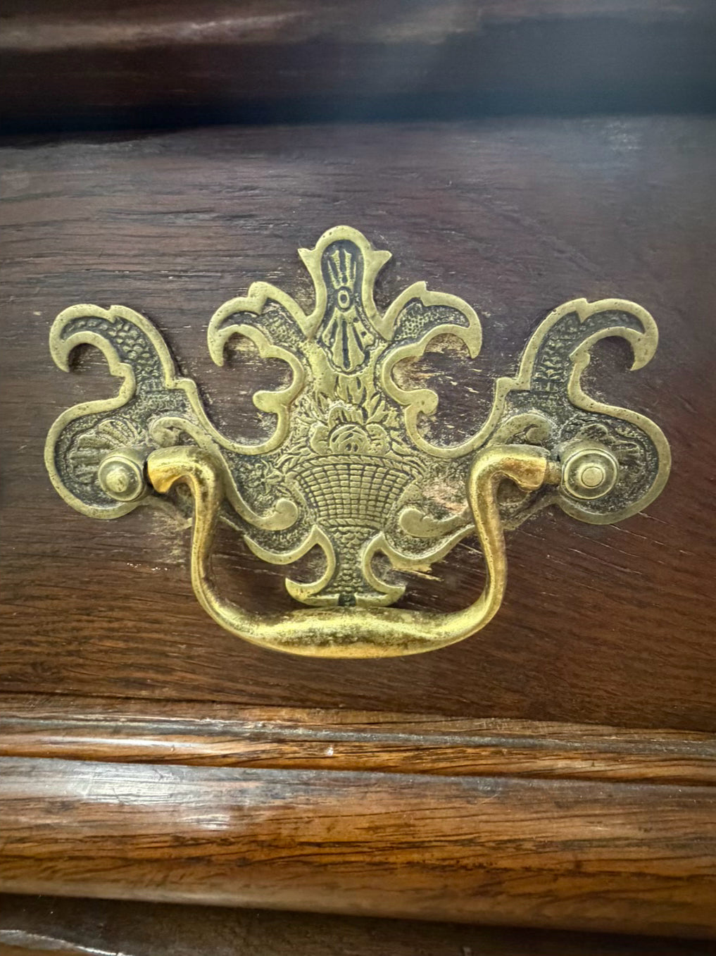 ANTIQUE Medium Dark Oak French Side Board w/ Large Brass Trim