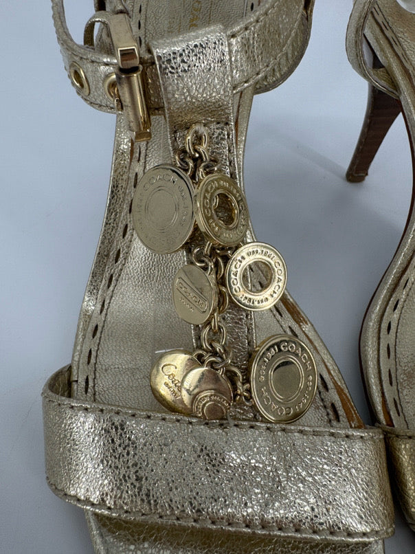 COACH Size 8.5 Gold Leather Chain & Coins Detail Heels