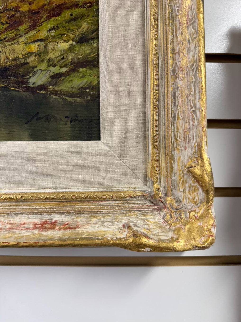 SIGNED Rural Country Landscape Painting In White Wash Vintage Frame