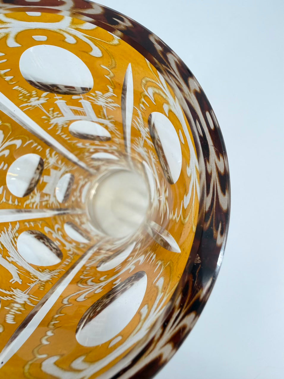 BOHEMIAN Amber & Clear Crystal Woodland Design Vase