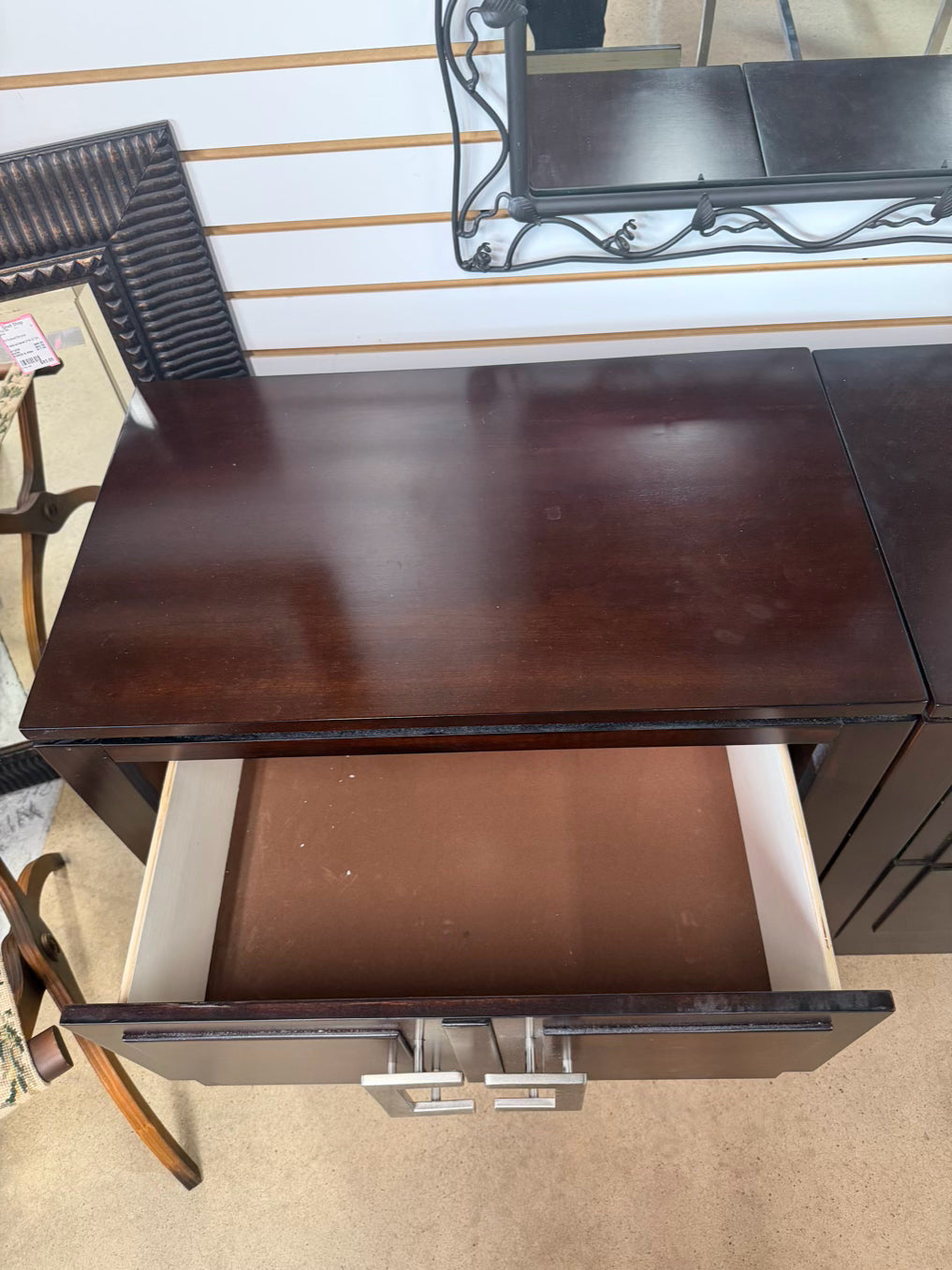 Dark Wood Pair of End Tables w/ Silver Metal Handles