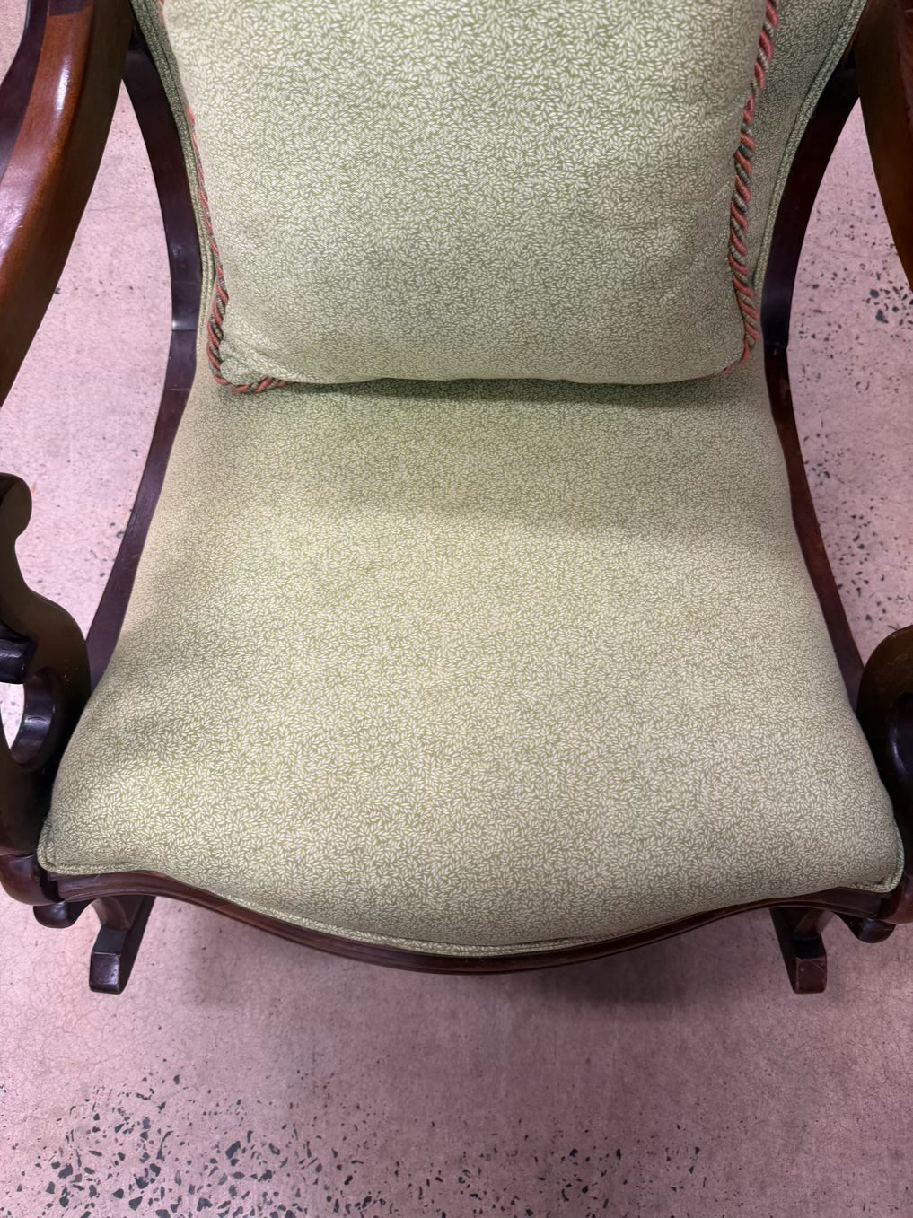 VINTAGE Wood Gooseneck Rocking Chair w/ Green Fabric & Pillow