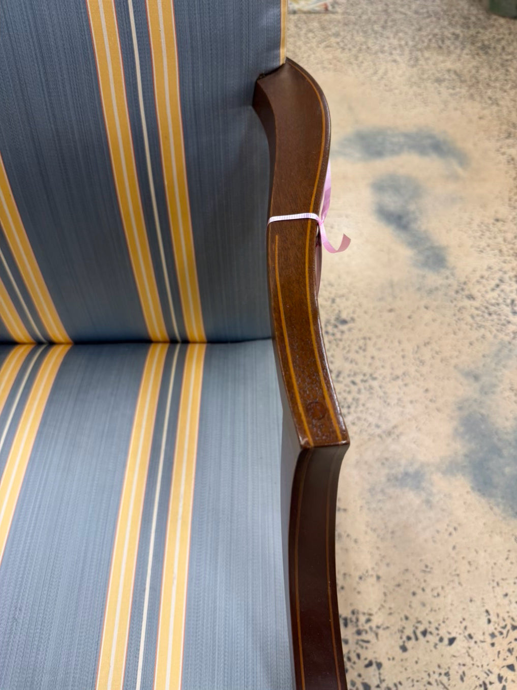 KINDEL MARTHA WASHINGTON Wood Chair w/ Blue & Yellow Stripe Fabric