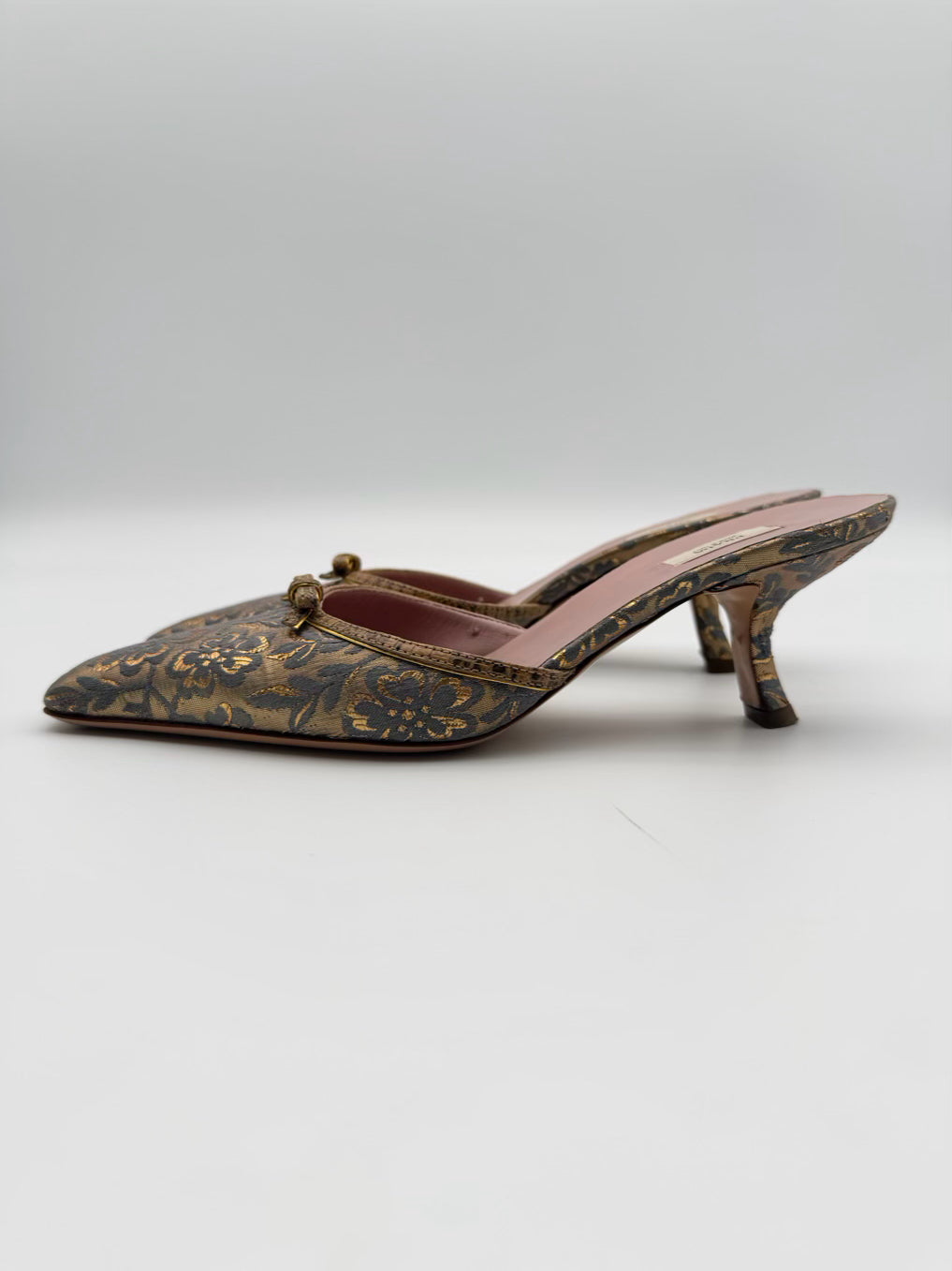 PRADA Size WMNS 35.5 Gold & Blue Tapestry Floral Kitten Heels