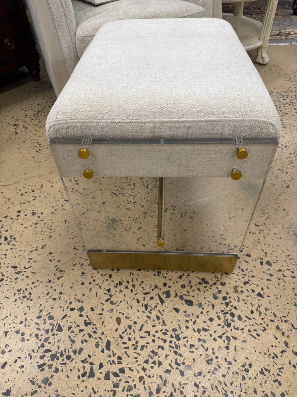 Lucite & Brass Stool w/ Cream Fabric