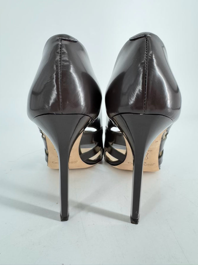JIMMY CHOO Size 38 Taupe Leather Laser Cut Pumps