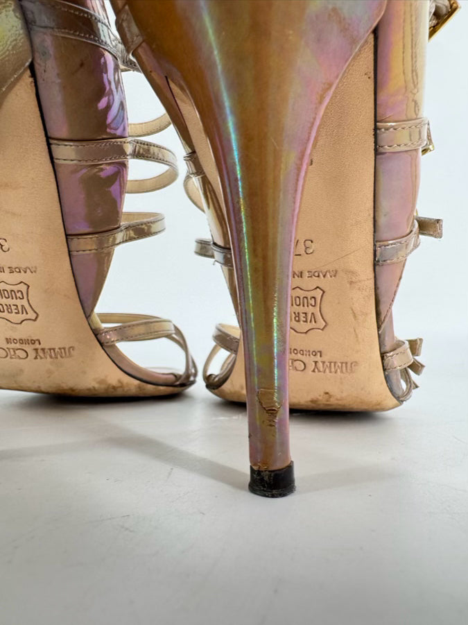 JIMMY CHOO Size 37.5 Metallic Iridescent Leather Atlas Gladiator Pumps