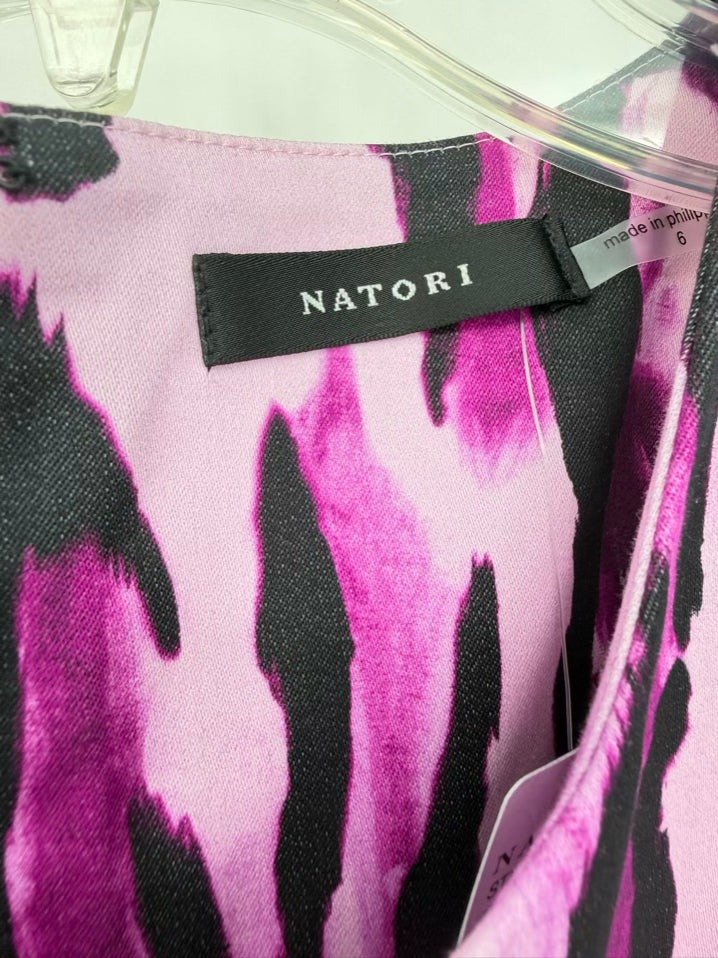 NATORI Wmn's Size 6 Fuschia & Black Belted Midi-Dress NWT
