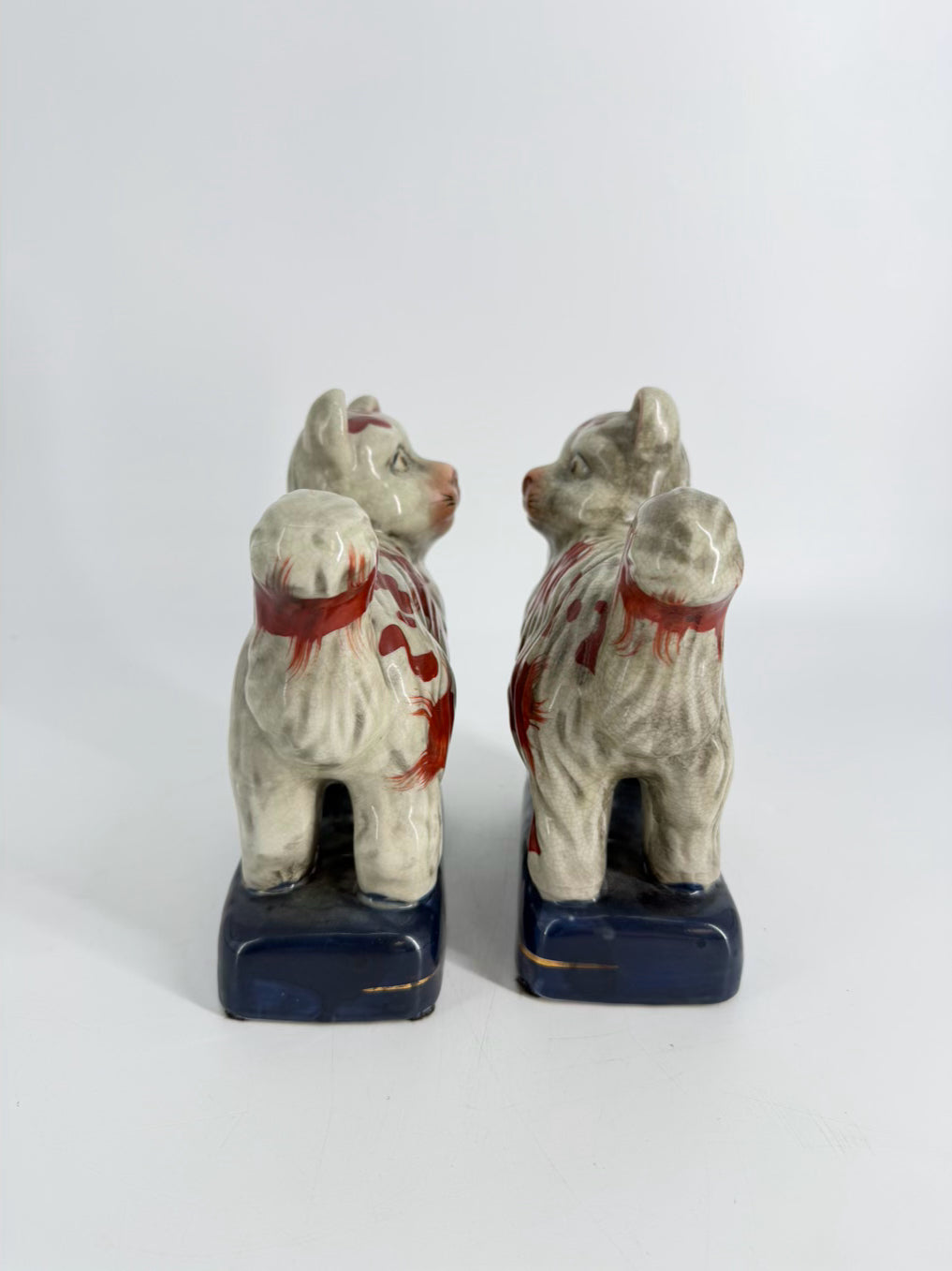 Rust, Cream & Navy Staffordshire Style Porcelain Pair of Cat Figurines