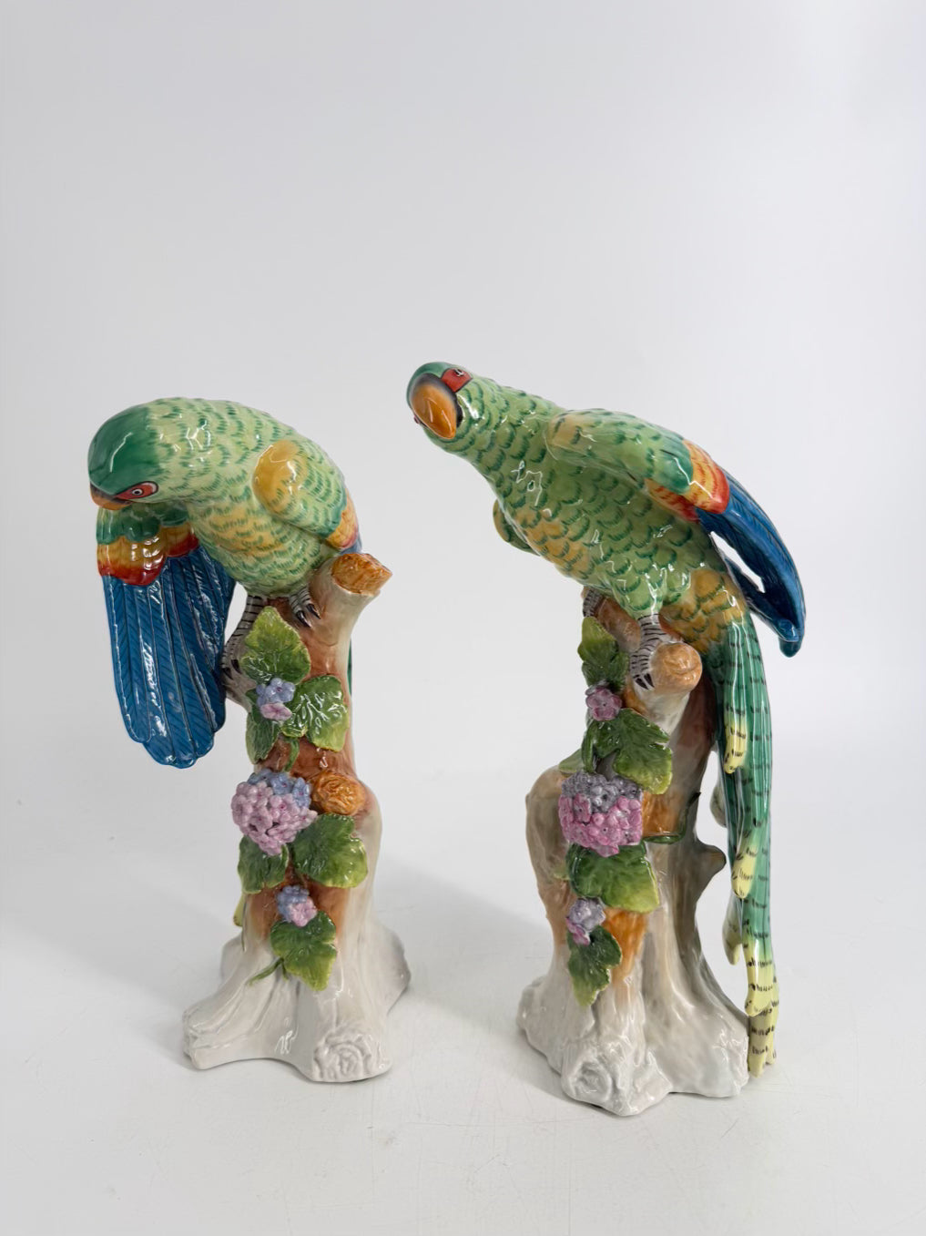 JEANNE REED Green , Pink & Blue Porcelain Pair Of Parrot Figurines