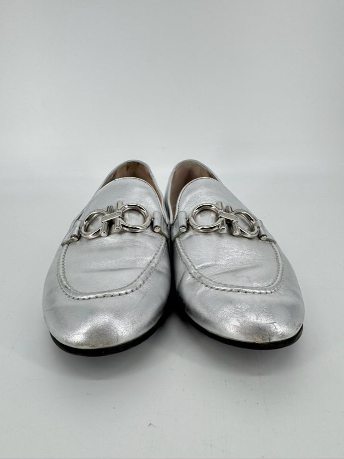 SALVATORE FERRAGAMO Size 8 Silver Leather Loafers