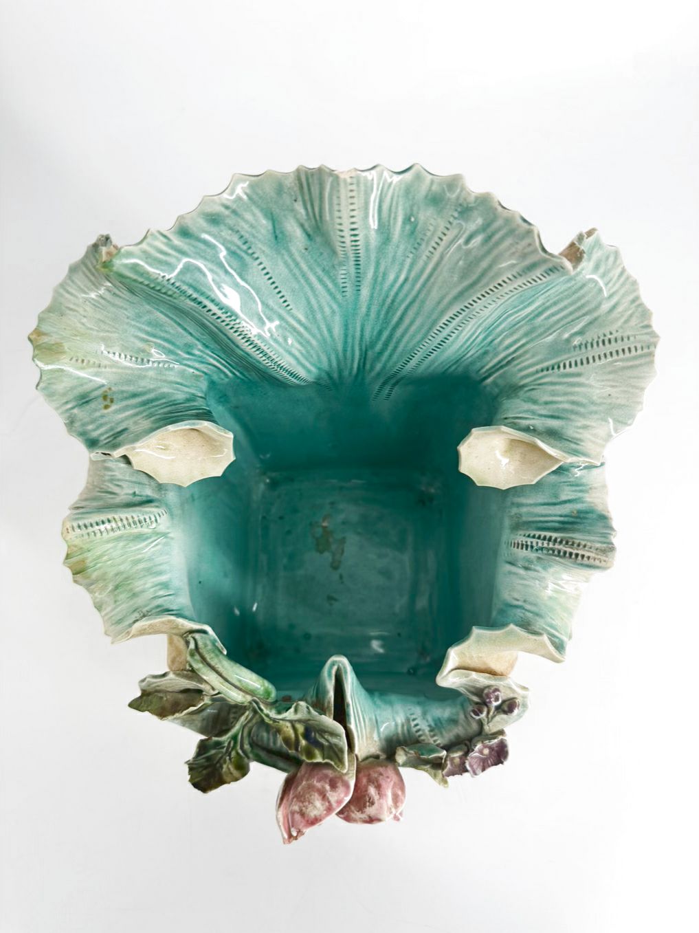 ENGLAND Aqua & Tan Majolica Pair Of Slip Pot Platters