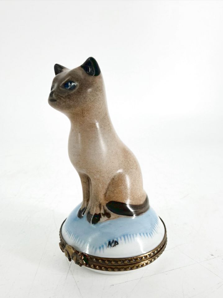 Limoges Blue & White Porcelain Siamese Cat Trinket Box