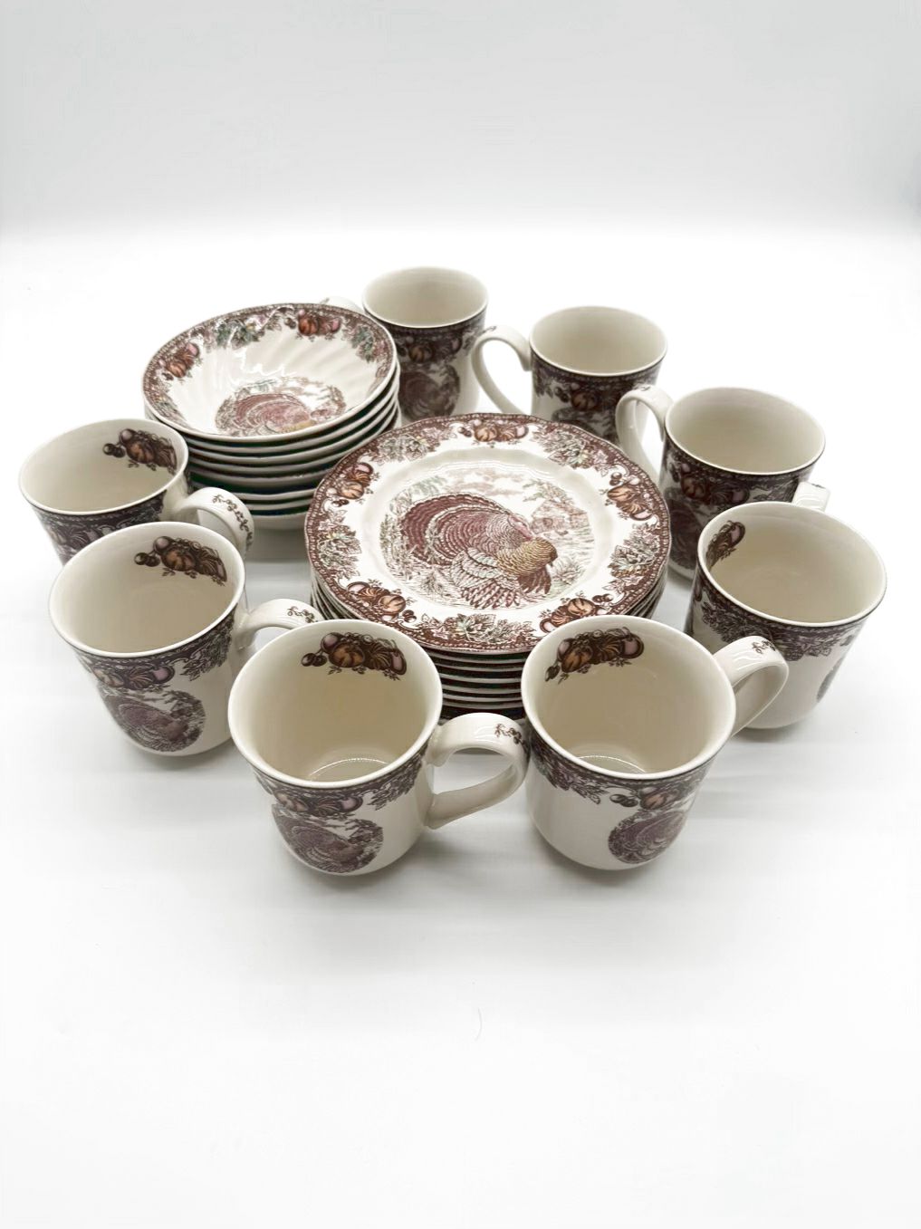 JOHNSON BROS. Brown & White Autumn Monarch Dinnerware Set Of 8 Mugs , Bowls, & Small Plates