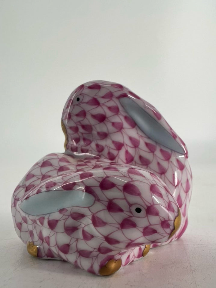 HEREND Pink & White Bunnies Cuddling Figurine