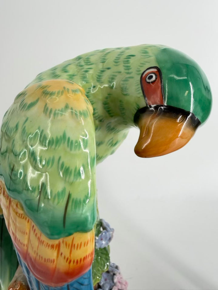 JEANNE REED Green , Pink & Blue Porcelain Pair Of Parrot Figurines