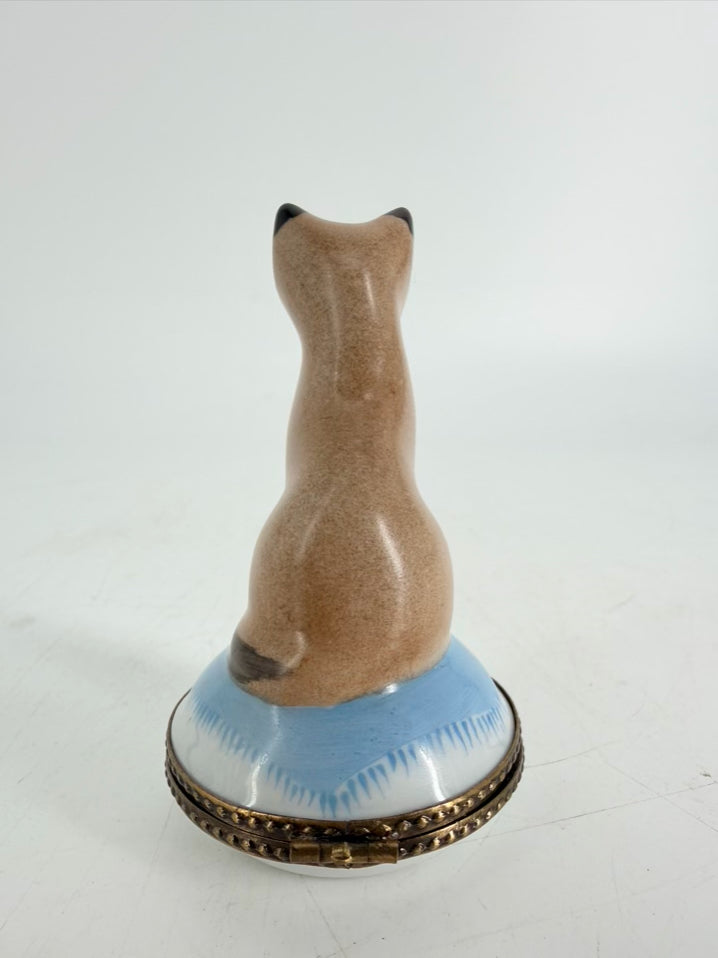 Limoges Blue & White Porcelain Siamese Cat Trinket Box