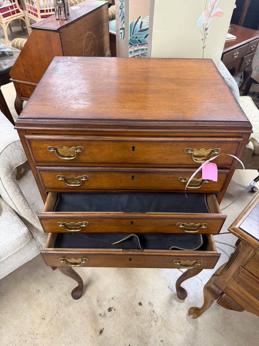 VINTAGE Wood Queen Ann Silver Chest