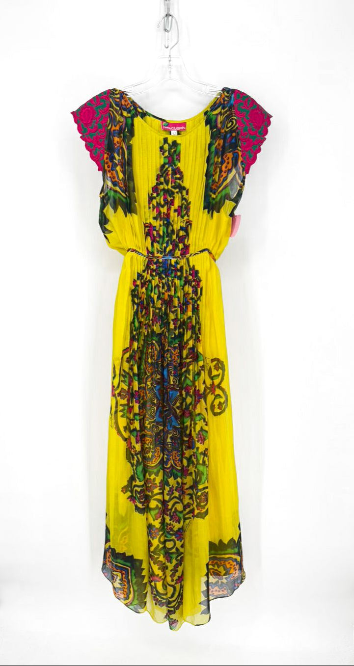 HEMANT & NANDITA Size 12 Yellow Pleated Maxi-Dress w/ Slip
