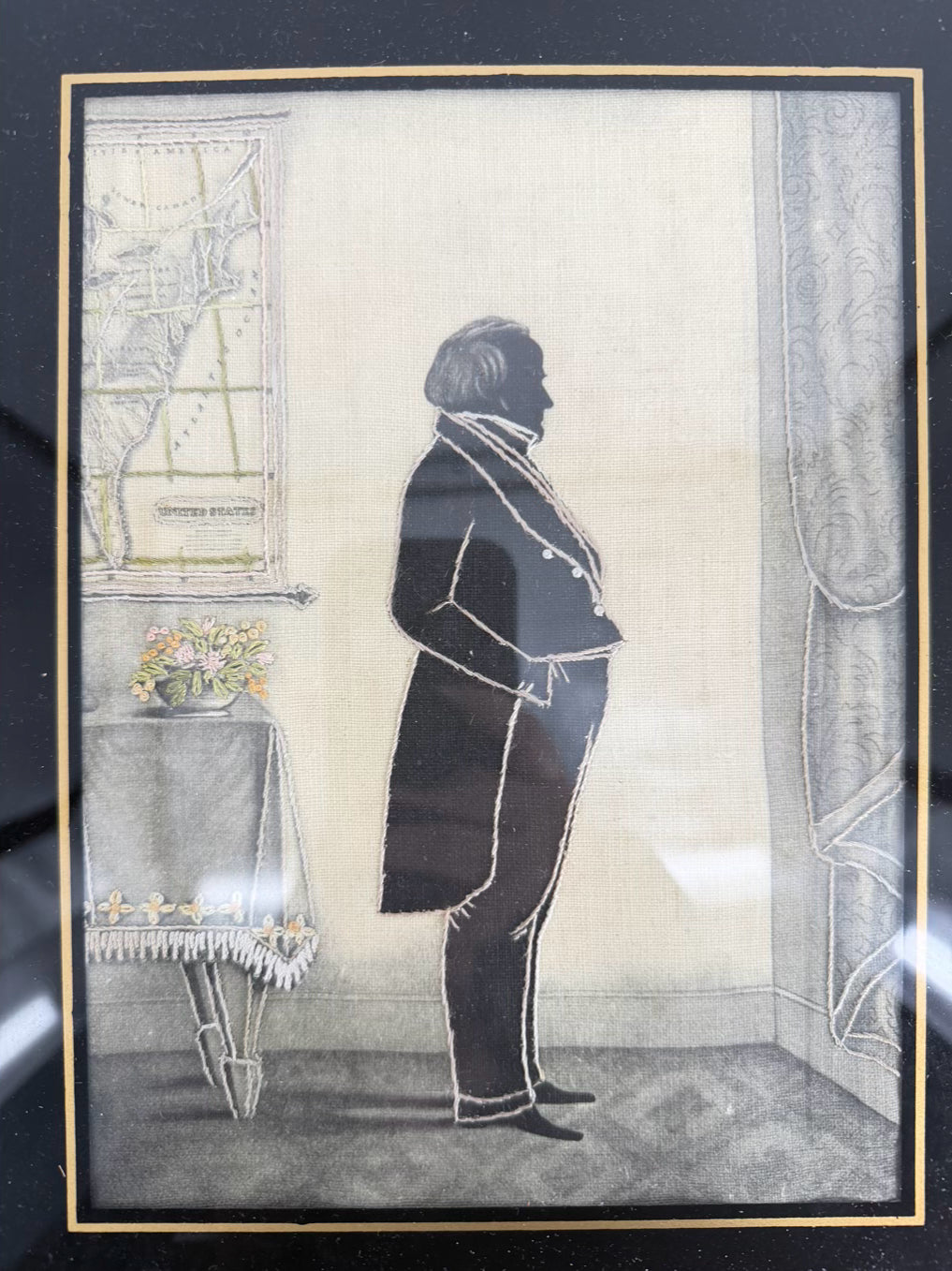 Daniel Webster Embroidered Art In Black & Brown Frame