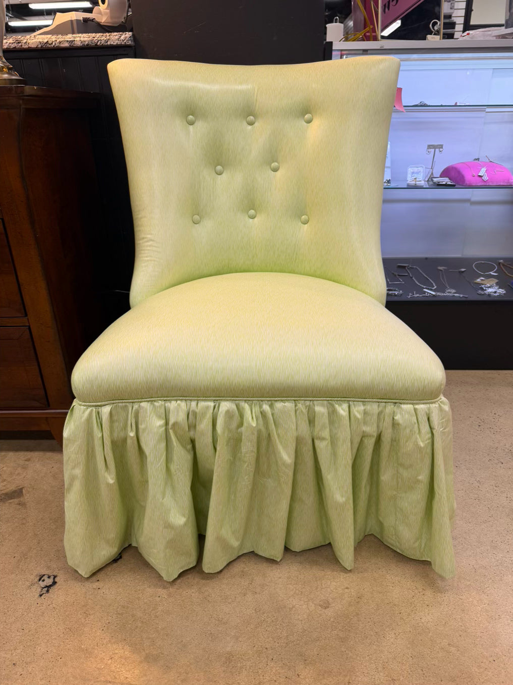 VINTAGE Green & White Stripe Chair w/ Ruffled Skirt