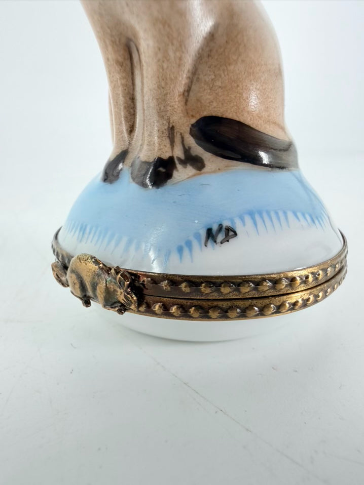 Limoges Blue & White Porcelain Siamese Cat Trinket Box