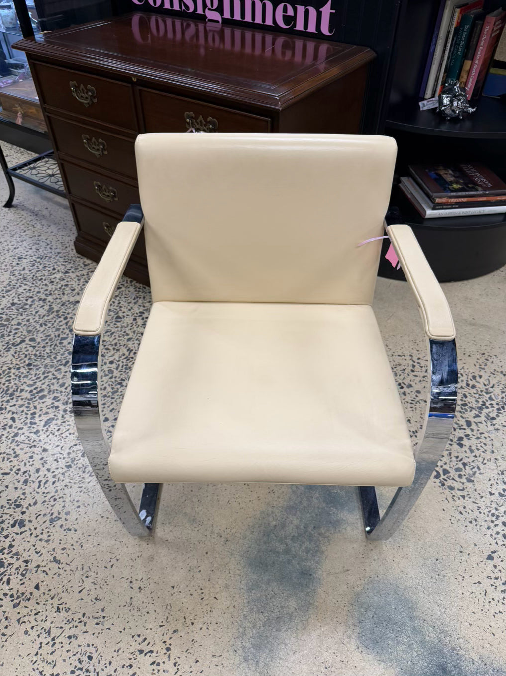 Knoll Style Cream Leather Like Chair w/ Chrome Legs