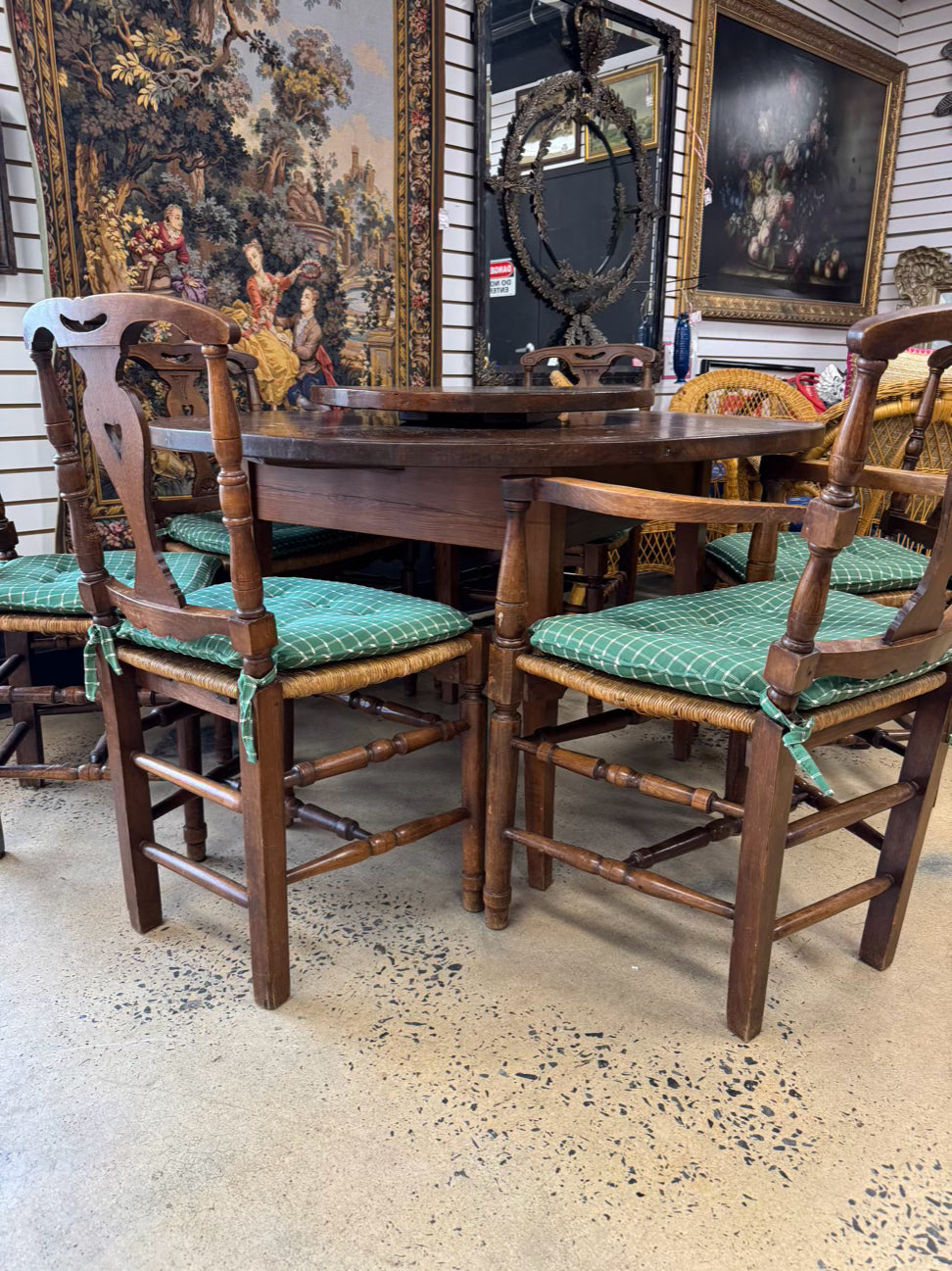 ANTIQUE Wood Round Table w/ Lazy Susan & 6 Chairs