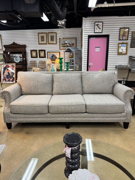 Gray & White Tweed Nail Heads Sofa