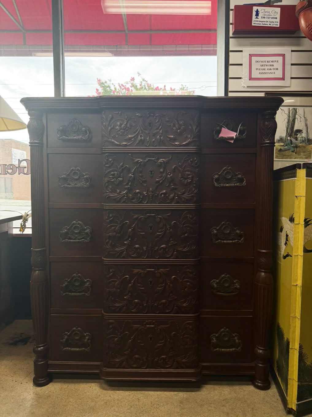 VINTAGE Wood Carved Ornate 5 Drawer Chest