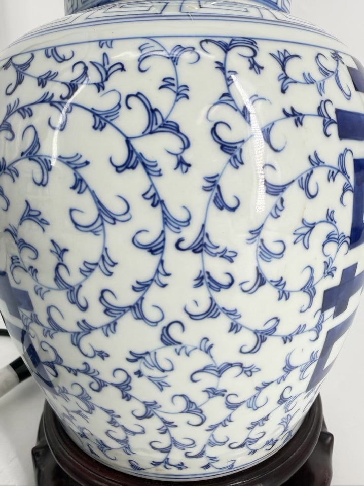 Blue & White Oriental Inspired Ceramic Ginger Jar Pair of Lamps w/ No Shades