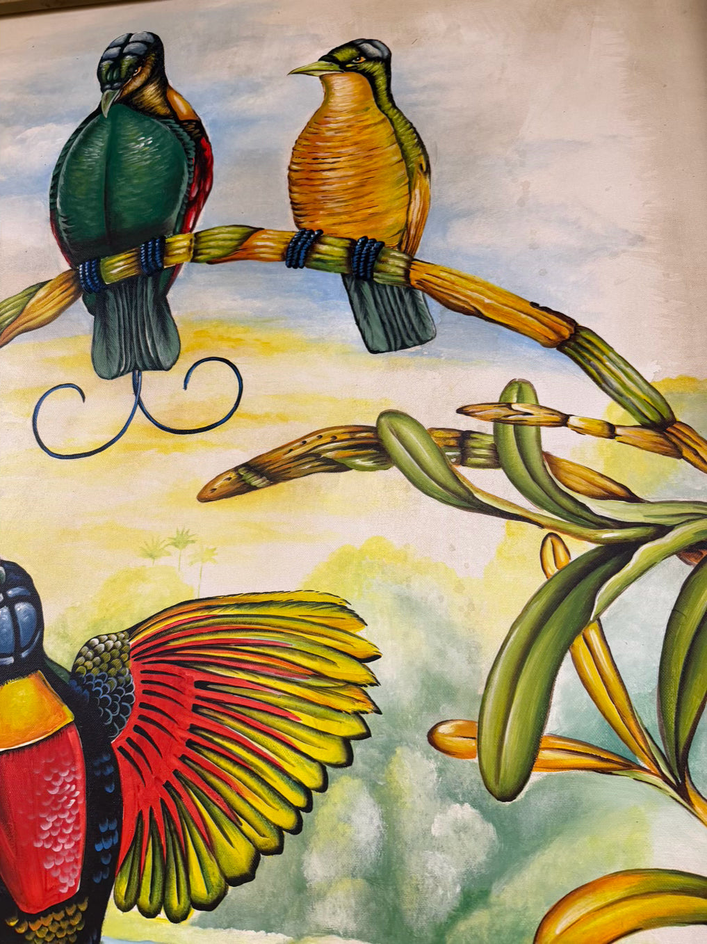 Large Tropical Birds Painting In Wood Frame