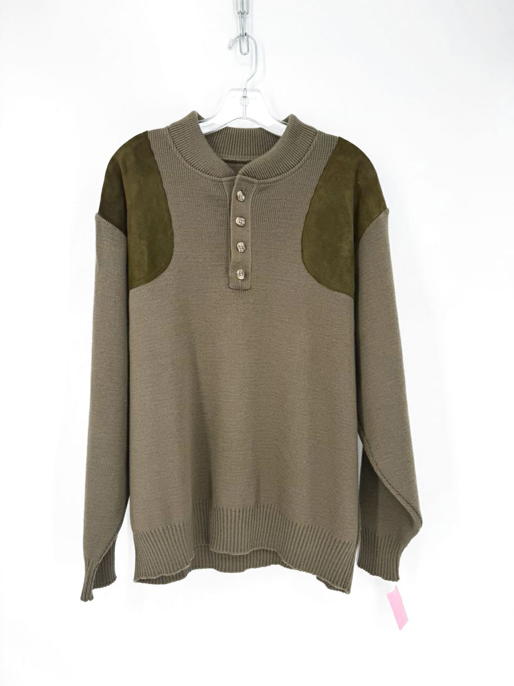 VINTAGE FILSON Men's Size XL Army Green Wool Suede Detail Henley Guide Sweater