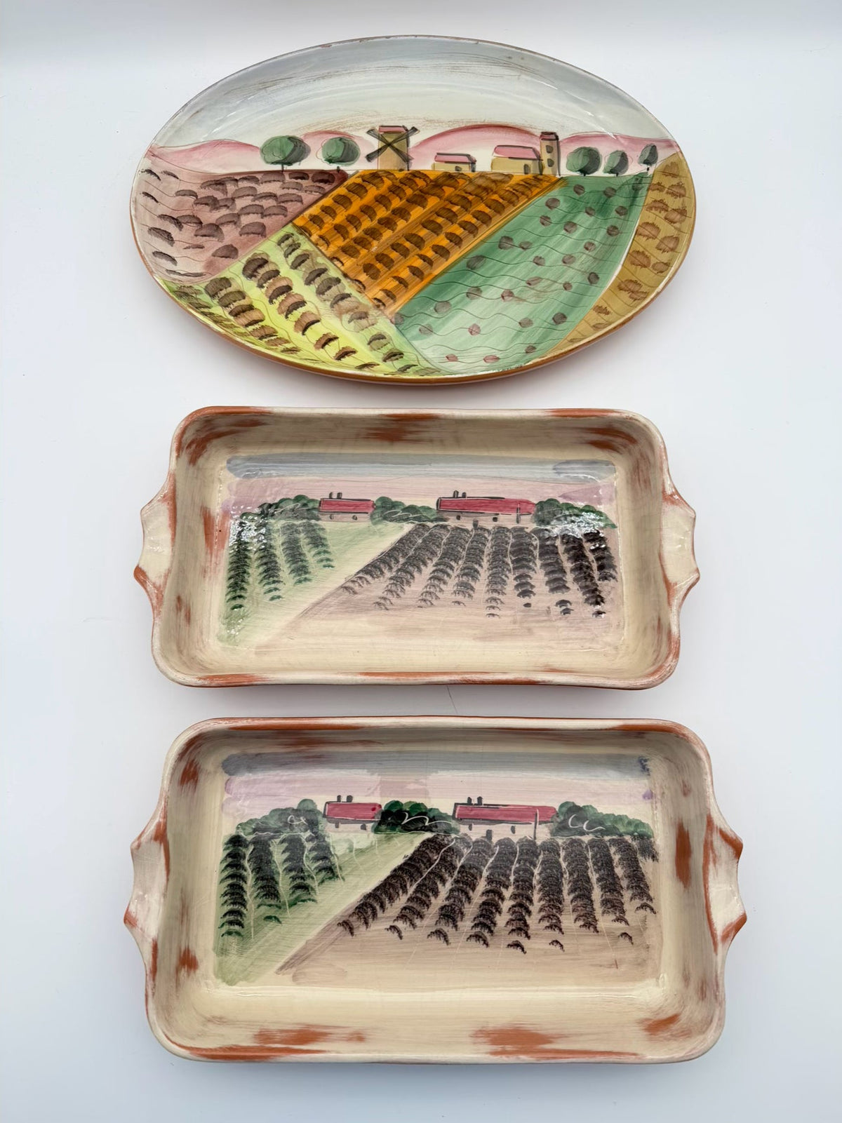VIETRI Tan, Gold, Rust, Green Pottery 4 Piece Dinnerware Setting for 8 w/ Serving Dishes