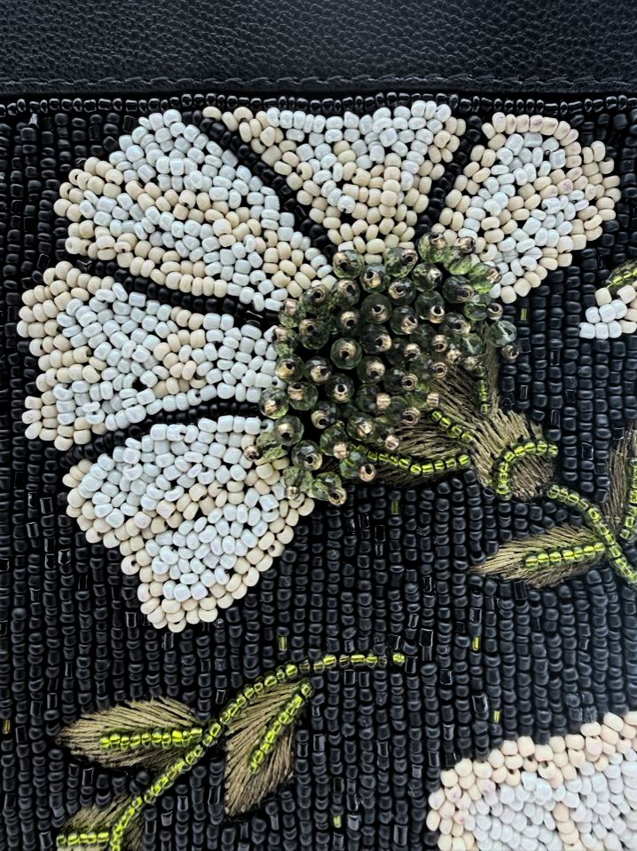 MARY FRANCES Sunshine & Daisies Black, White & Green Leather Beaded Floral Crossbody Bag