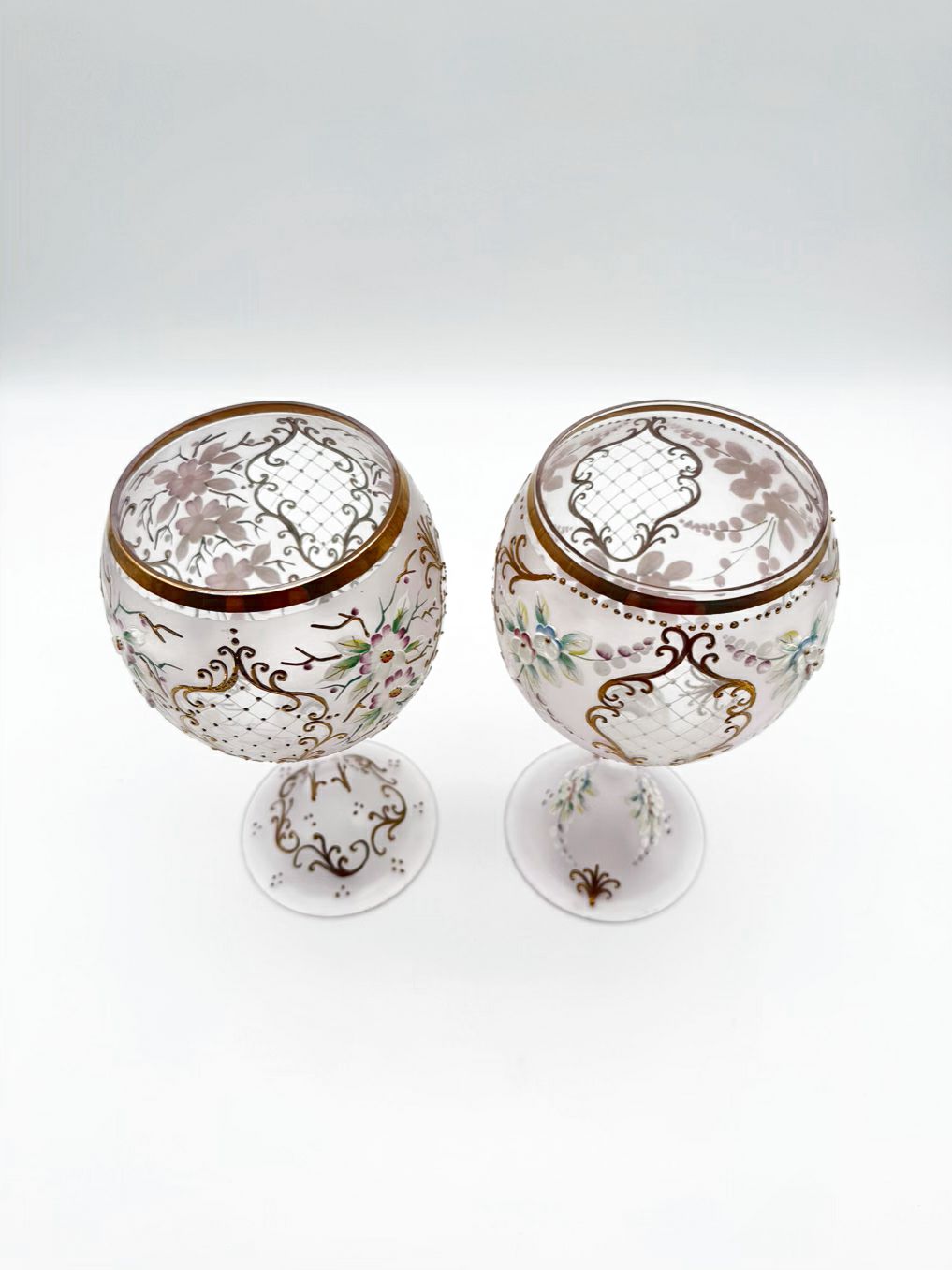 Pink , Gold & White Painted Crystal Pair Of Large Wine Glasses