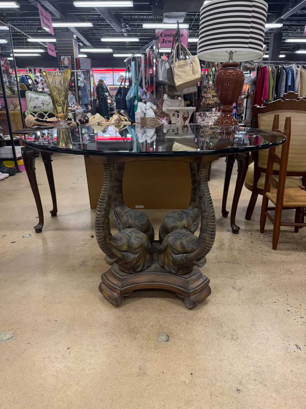 Tan & Clear Resin & Glass Round Elephant Occasional Table